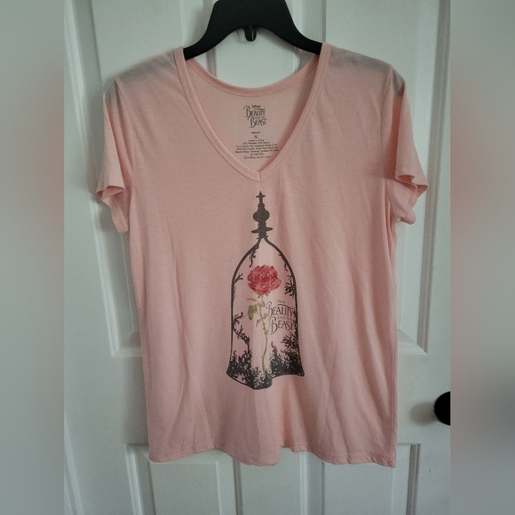 Disney Beauty And The Beast Women's Pink Rose Graphic Short Sleeve Tee Size XL - Picture 1 of 4
